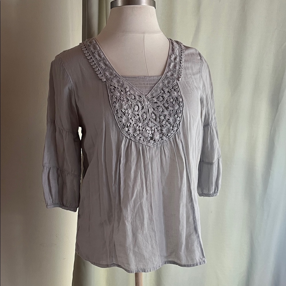 Siganka 100% Cotton Three Quarter Sleeve Gray Lace Detail Women's Top